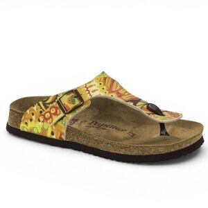Birkenstock Papillio Gizeh Tribal Print Slides Sandal Flat Cork 10 Yellow Buckle